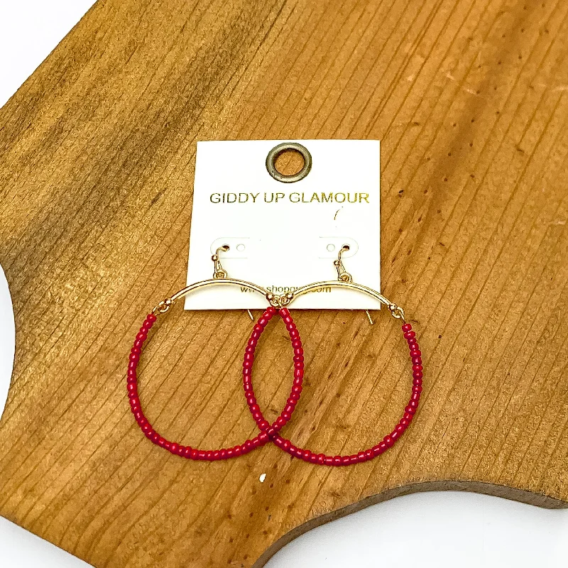 Women’s infinity earrings-Gold Tone Hoop Earrings Beaded in Maroon