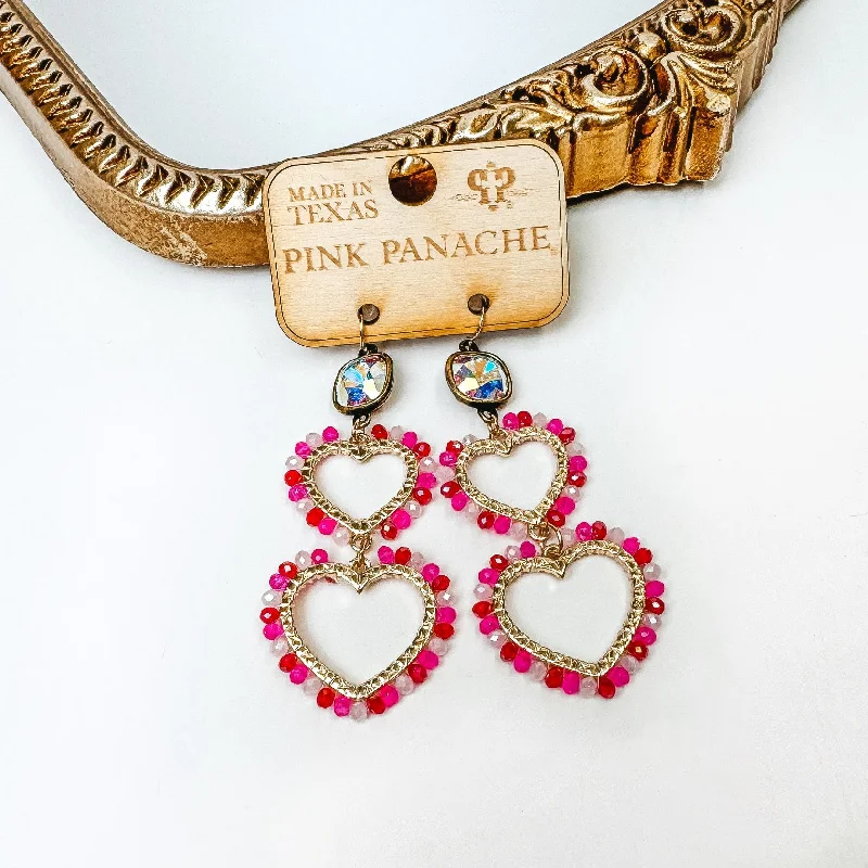 Women’s romantic earrings-Pink Panache | Gold Tone AB Crystal Double Heart Drop Earrings in Fuchsia Pink Mix