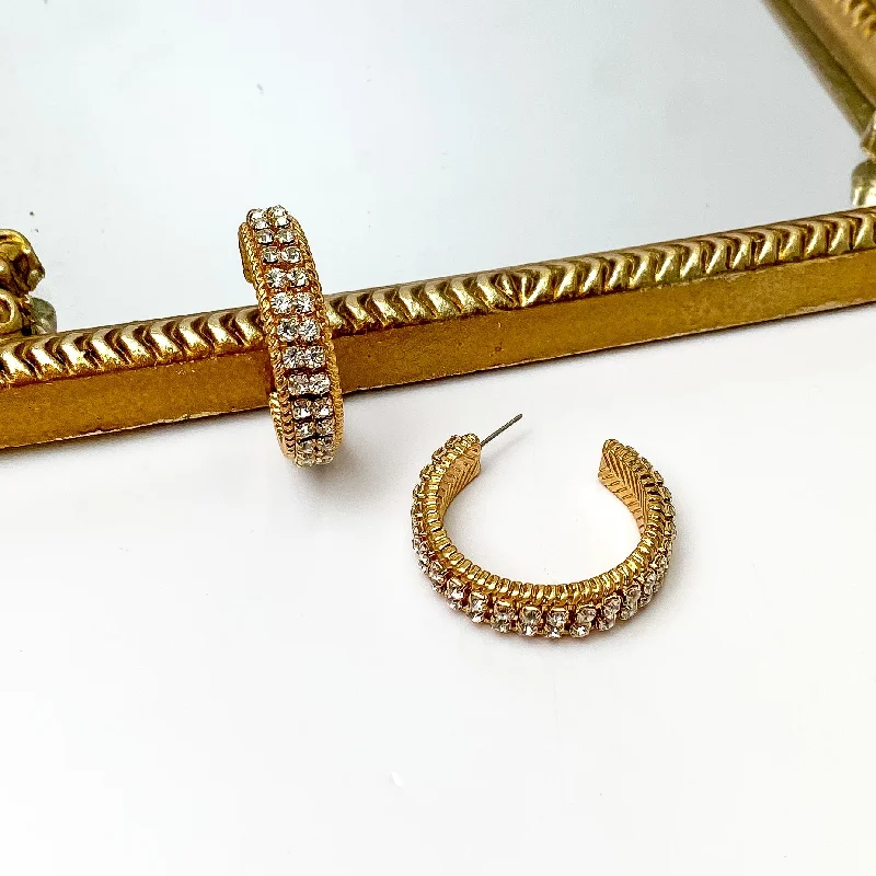 Women’s luxury statement earrings-Clear Crystal Inlay and Gold Tone Hoop Earrings