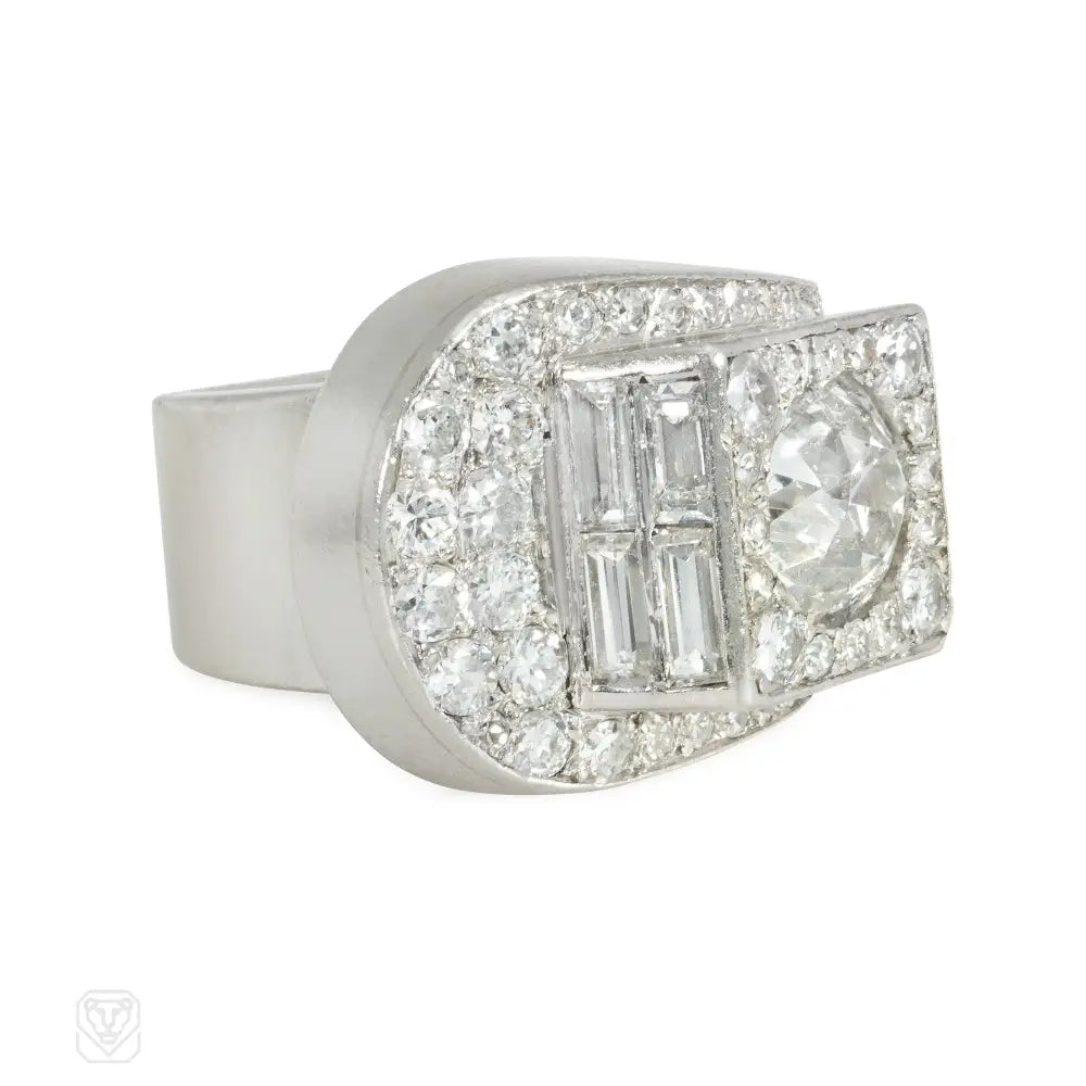 Women’s cluster rings-French Art Deco diamond stylized buckle ring