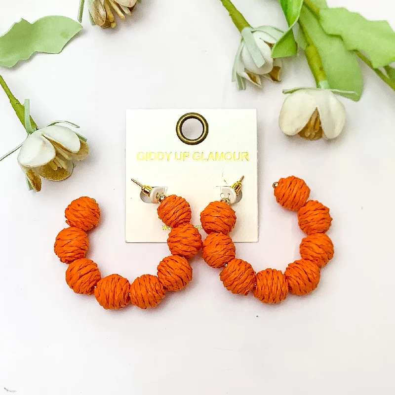 Women’s floral earrings-Sorbet Summer Raffia Ball Hoop Earrings in Orange