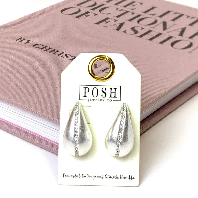 Women’s stackable earrings-Posh by Pink Panache | Rhinestone Accent Raindrop Post Earrings in Silver