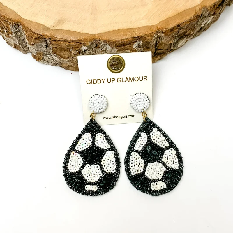 Women’s charm earrings-Sequin Teardrop Soccer Earrings in Black and White