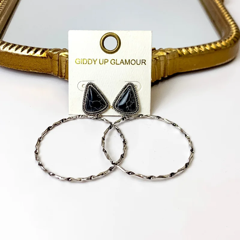 Women’s hoop earrings-Triangle Stone Post Hoop Earrings in Black