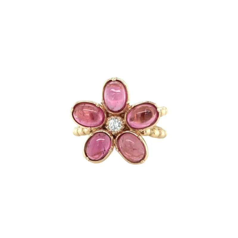 Women’s engraved rings-Camellia Ring with Cabochon Pink Tourmaline & Diamond