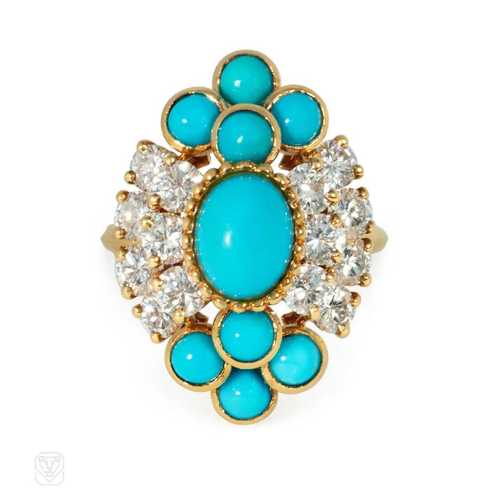 Women’s custom rings-1950s Boucheron diamond and turquoise cluster ring