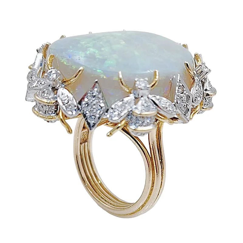 Women’s luxury silver rings-45CT Australian Multi Color Fiery Antique Art Deco Fancy Rainbow Crystal Opal Ring with 1.00CT SI2-G Diamonds in 14K Yellow Gold.