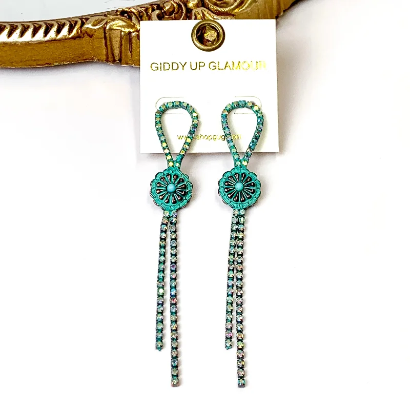 Women’s crystal earrings-AB Crystal Bolo Tie Tassel Earrings with Circle Concho in Patina Tone