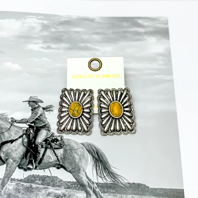 Women’s chic earrings-Western Flare Silver Tone Rectangle Earrings With Stone in Yellow