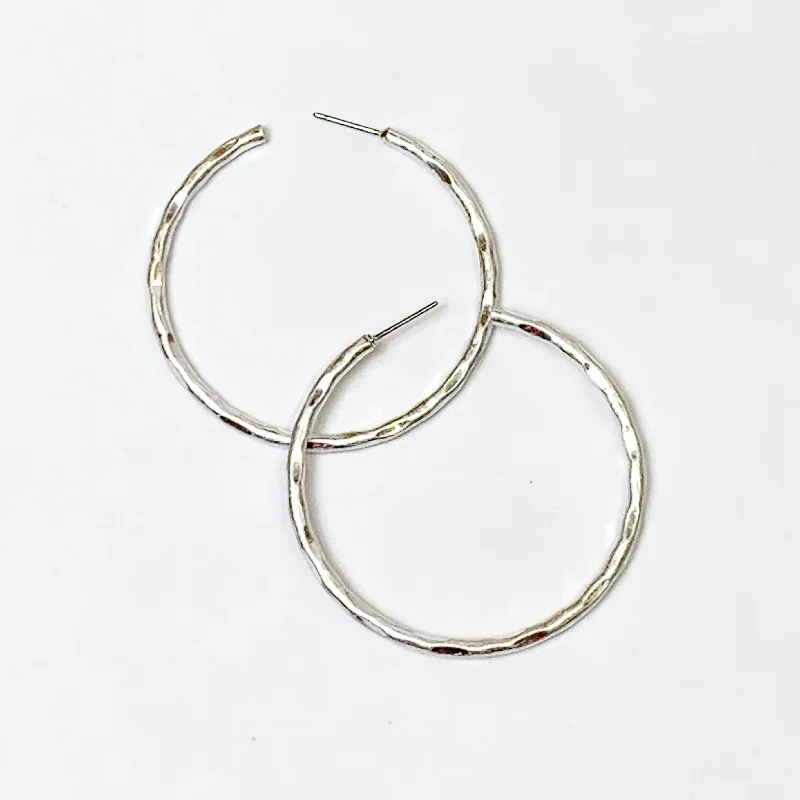 Women’s wedding earrings-Medium Hammered Hoops in Silver Tone