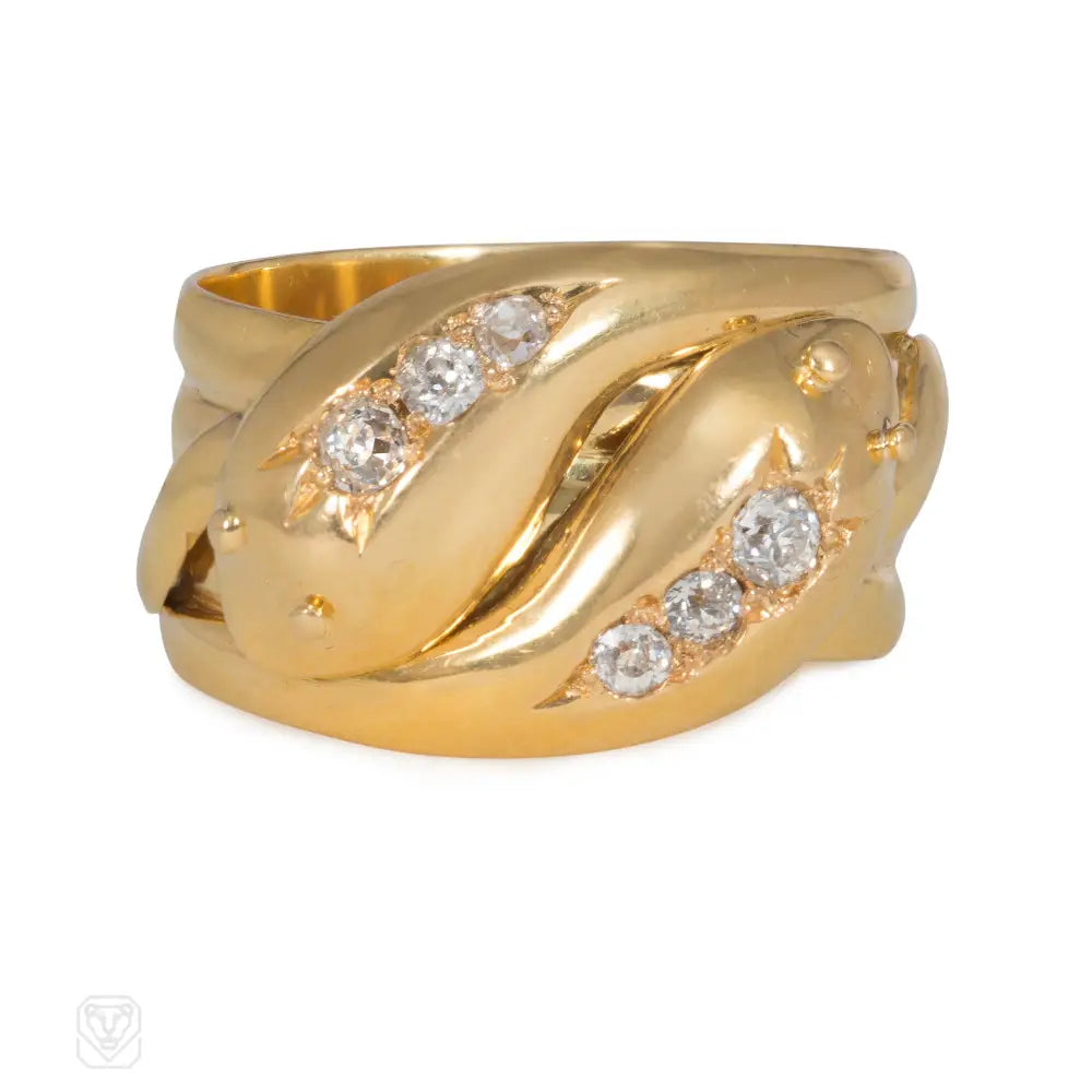 Women’s leaf rings-Antique gold and diamond double snake ring