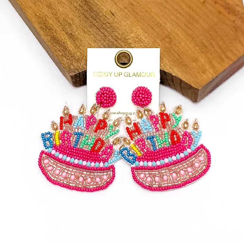 Women’s textured earrings-Happy Birthday Cake Beaded Earrings in Pink