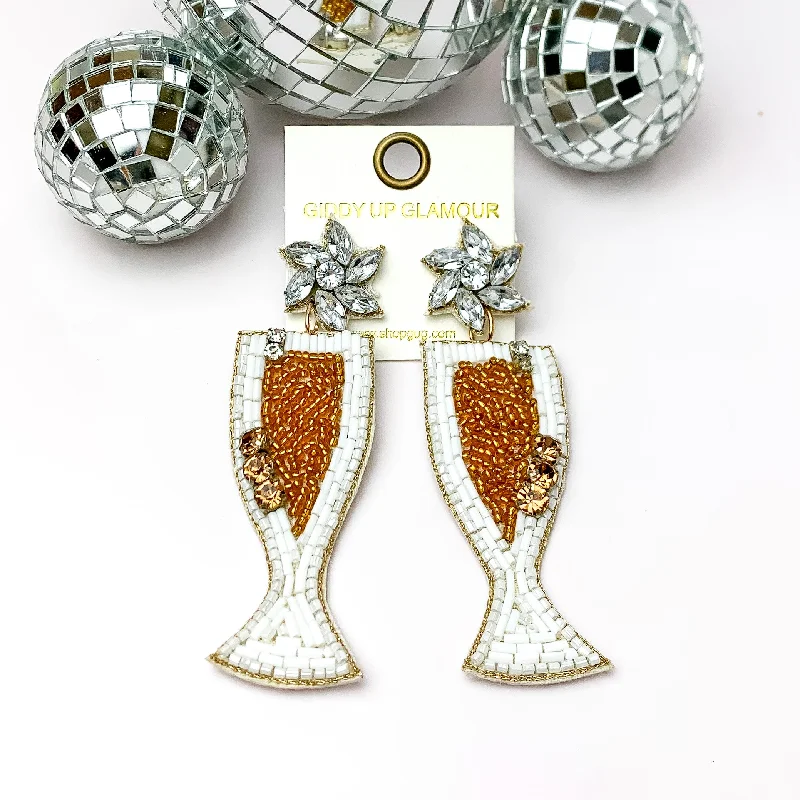 Women’s fashion earrings-Celebration Beaded Champagne Flutes in White and Gold