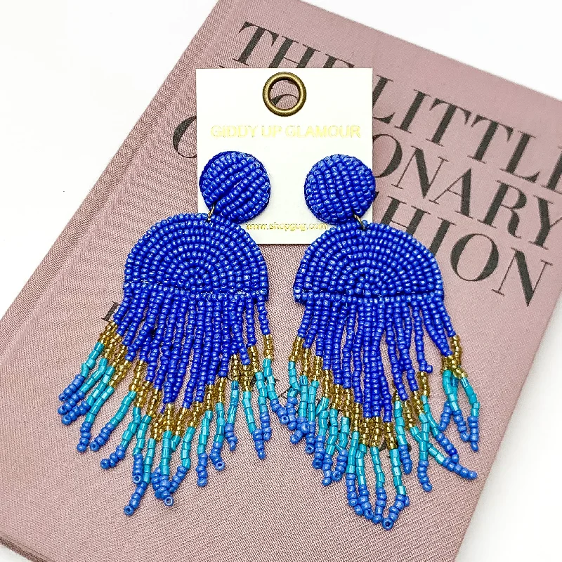 Women’s gold hoop earrings-Semi Circle Drop Beaded Earrings with Tassels in Blue