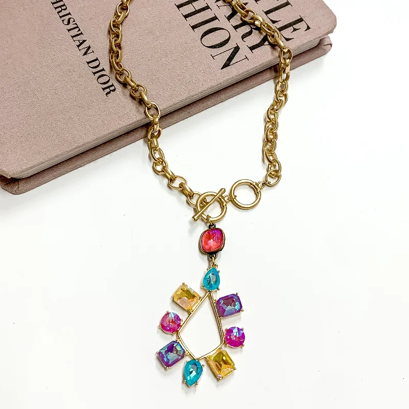 Women’s personalized earrings-Pink Panache | Gold Tone Chain Necklace with a Pink Lotus Delight Crystal Drop and Multicolor Crystal Teardrop Pendant