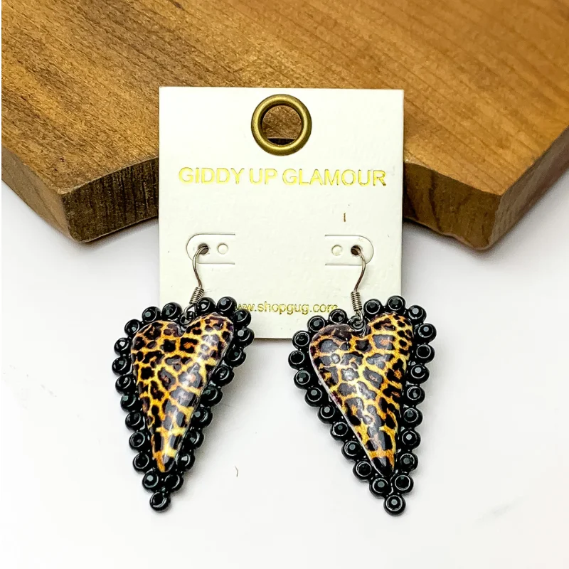 Women’s stylish hoop earrings-Leopard Print Heart Earrings with Black Tone Jewel Trim