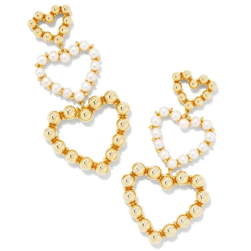 Women’s flower drop earrings-Kendra Scott | Ashton Gold Pearl Heart Statement Earrings in White Pearl