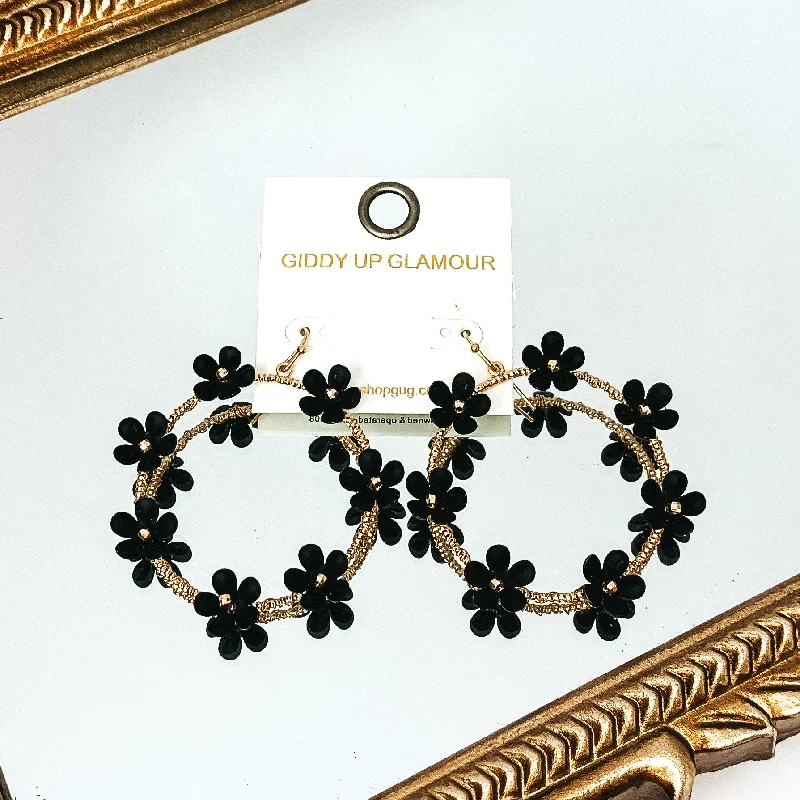 Women’s statement hoop earrings-Breezy Blooms Gold Tone Circle Drop Earrings with Flower Charms in Black