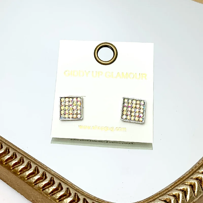 Women’s luxury stud earrings-Square AB Crystal Stud Earrings in Silver Tone