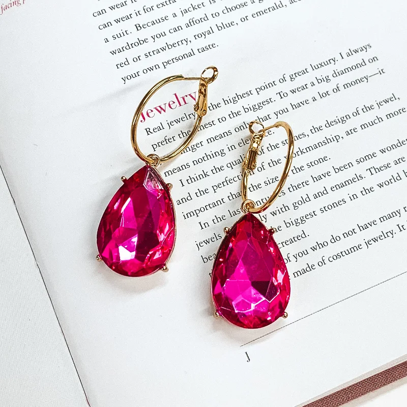 Women’s halo earrings-Pink Panache | Small Gold Tone Hoop Earrings with Large Fuchsia Teardrop Crystals