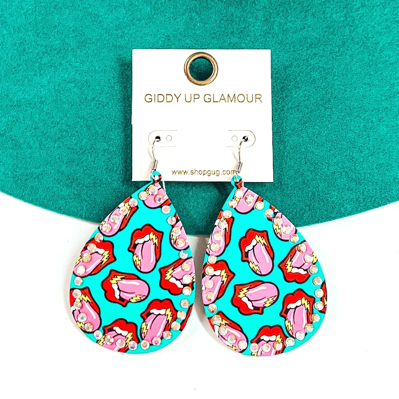 Women’s antique earrings-Lip and Tongue Print Teardrop Earrings with AB Crystals in Turquoise