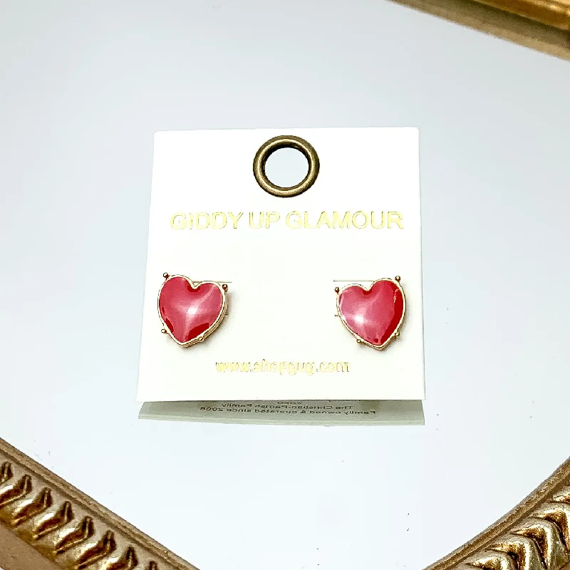 Women’s halo earrings-Gold Tone Heart Stud Earrings in Red