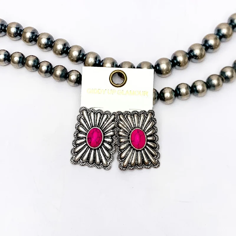 Women’s bohemian earrings-Western Flare Silver Tone Rectangle Earrings With Stone in Hot Pink