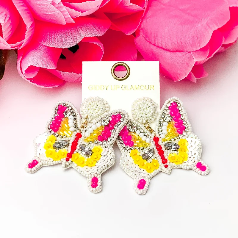 Women’s classic earrings-Beaded Summertime Butterfly Earrings in White, Pink, and Yellow