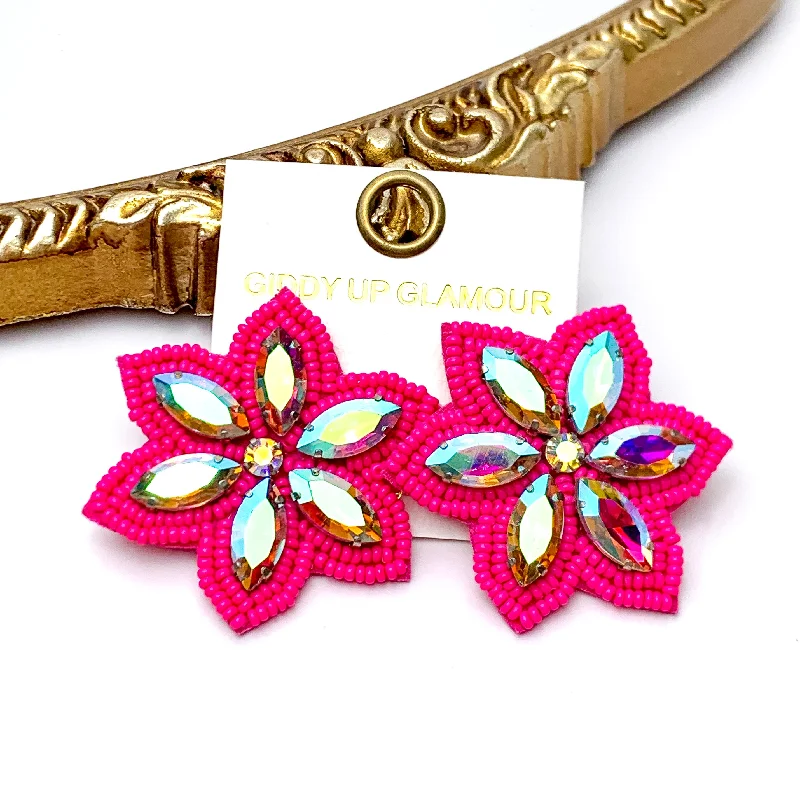 Women’s opal earrings-Prismatic Petals Seed Bead Flower Stud Earrings with AB stones in Fuchsia Pink