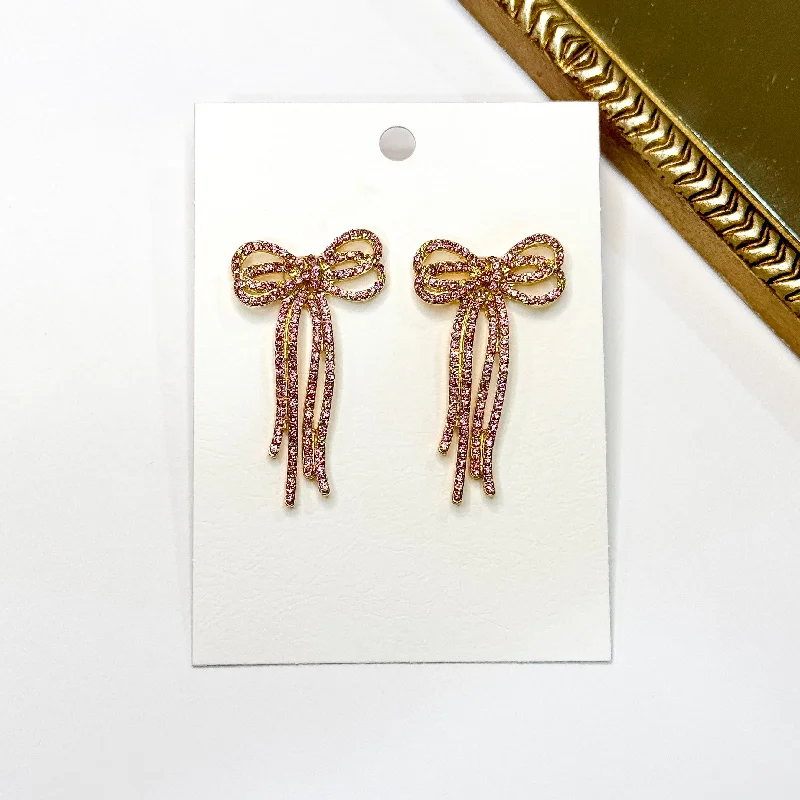 Women’s colorful gemstone earrings-Radiant Ribbons Gold Tone Pink Rhinestone Bow Earrings