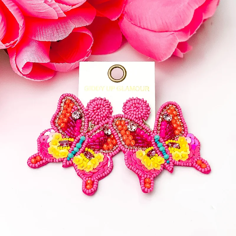 Women’s pearl drop earrings-Beaded Summertime Butterfly Earrings in Pink, Orange, and Yellow