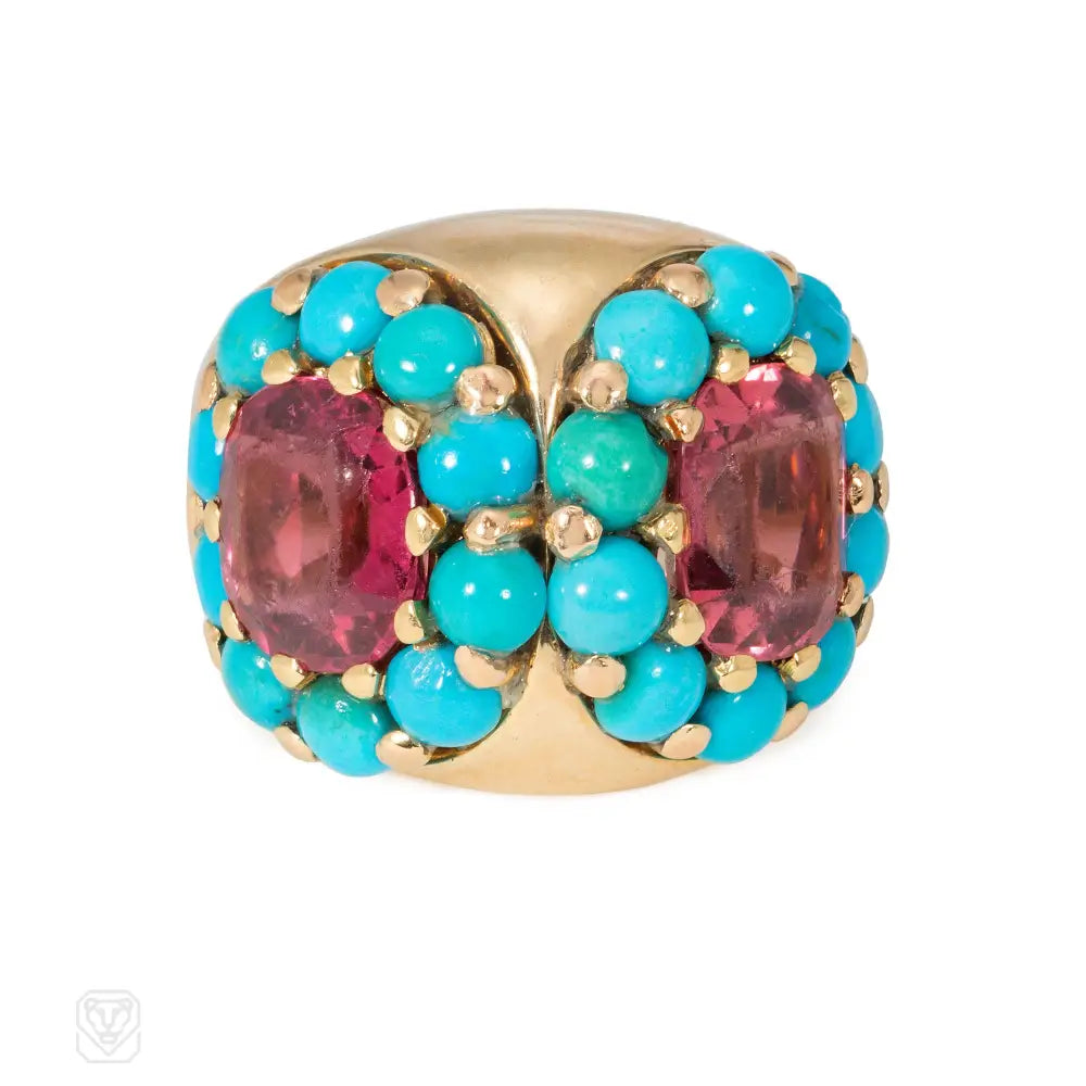 Women’s fancy rings-Retro tourmaline, turquoise, and gold double cluster ring