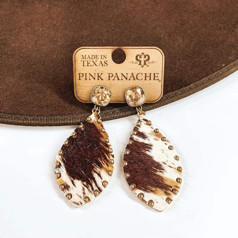 Women’s large hoop earrings-Pink Panache | Golden Shadow Cushion Cut Post Earrings with Brindle Print Teardrop Print