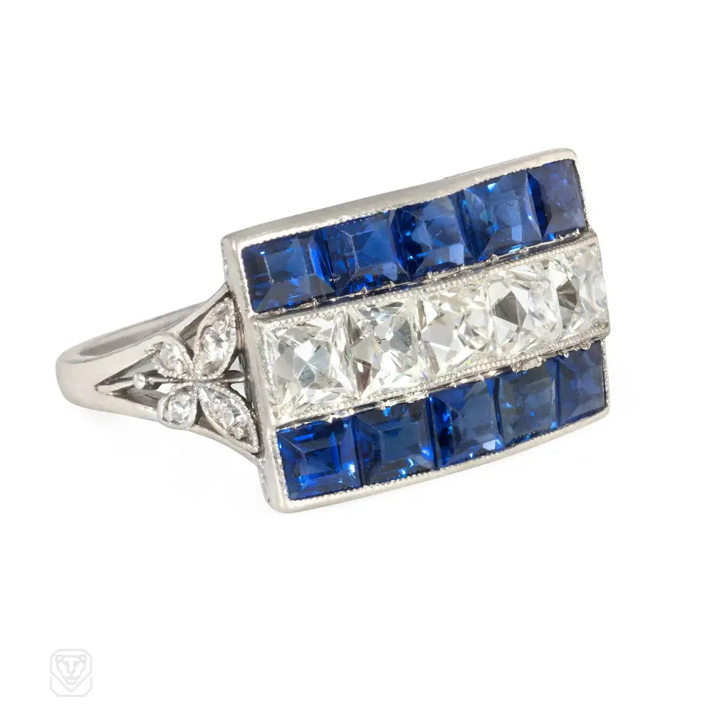 Women’s platinum rings-Art Deco French-cut diamond and sapphire ring