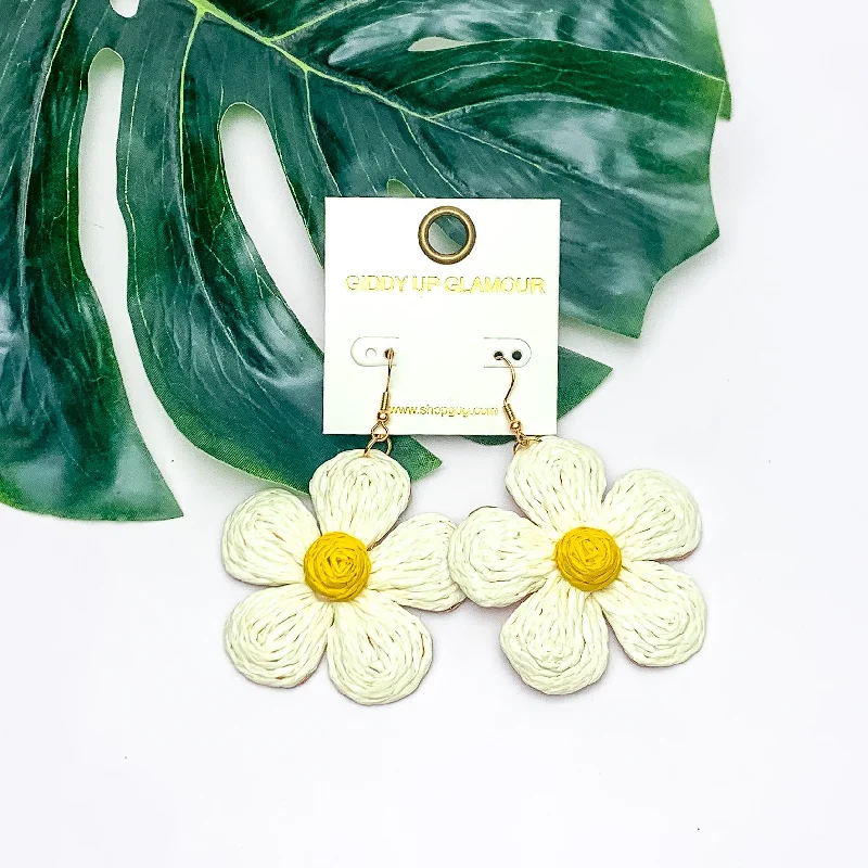 Women’s eco-friendly earrings-Darling Daisy Raffia Wrapped Flower Earrings in Ivory