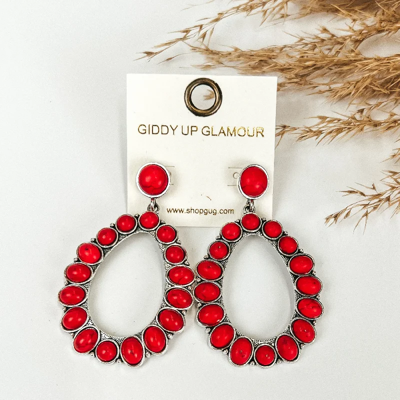 Women’s custom diamond earrings-Circle Post Earrings and Open Teardrop Pendant with Red Stones