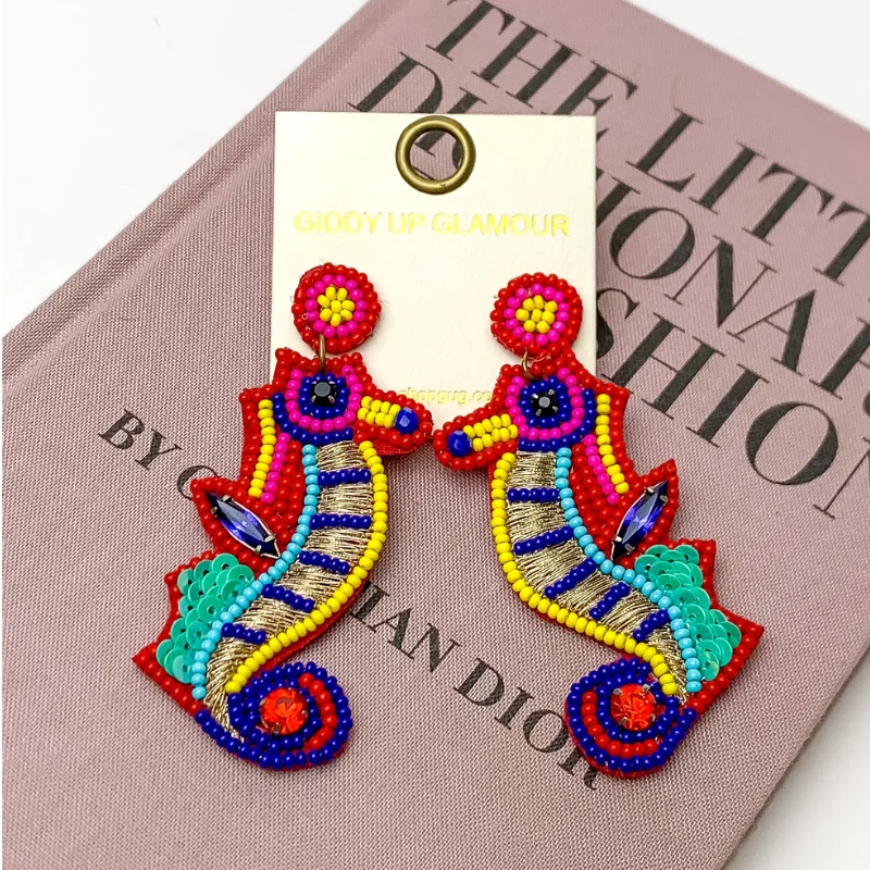 Women’s crystal earrings-Multi Color Beaded Seahorse Earrings