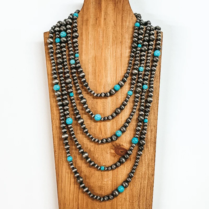 Women’s vintage-inspired earrings-Five Strand Beaded Necklace with Turquoise Spacers in Silver Tone