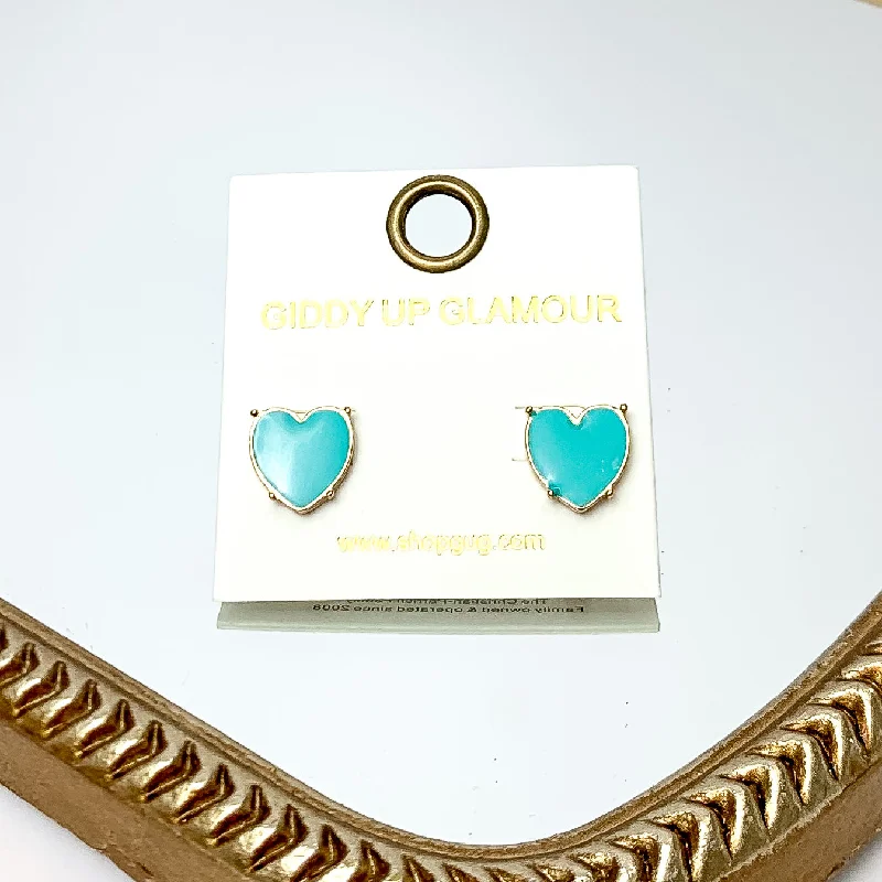 Women’s heart-shaped earrings-Gold Tone Heart Stud Earrings in Turquoise