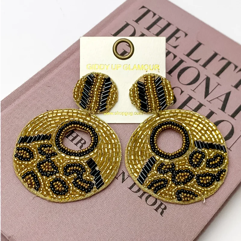 Women’s gold hoop earrings-Beaded Leopard Dangle Earrings in Gold Tone