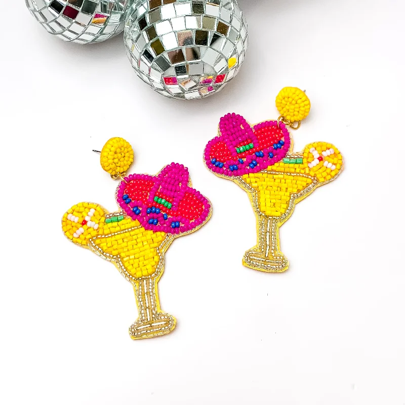 Women’s silver hoop earrings-Cocktail Glass in Yellow with a Sombrero Hat Earrings