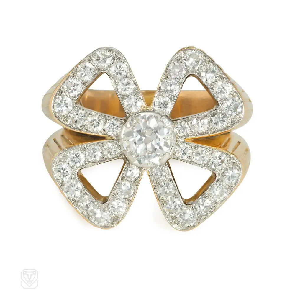 Women’s emerald rings-French gold and diamond quatrefoil cocktail ring