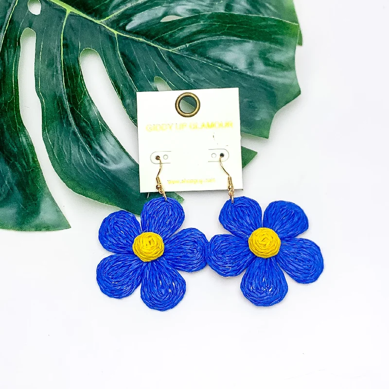 Women’s gemstone drop earrings-Darling Daisy Raffia Wrapped Flower Earrings in Blue