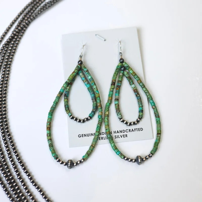 Women’s diamond earrings-Navajo | Navajo Handmade Double Layered Turquoise Beaded Teardrop Earrings with Sterling Silver Navajo Pearls