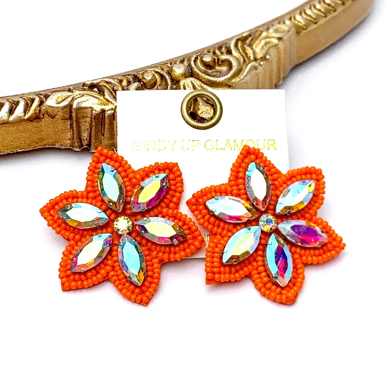 Women’s beaded earrings-Prismatic Petals Seed Bead Flower Stud Earrings with AB stones in Orange