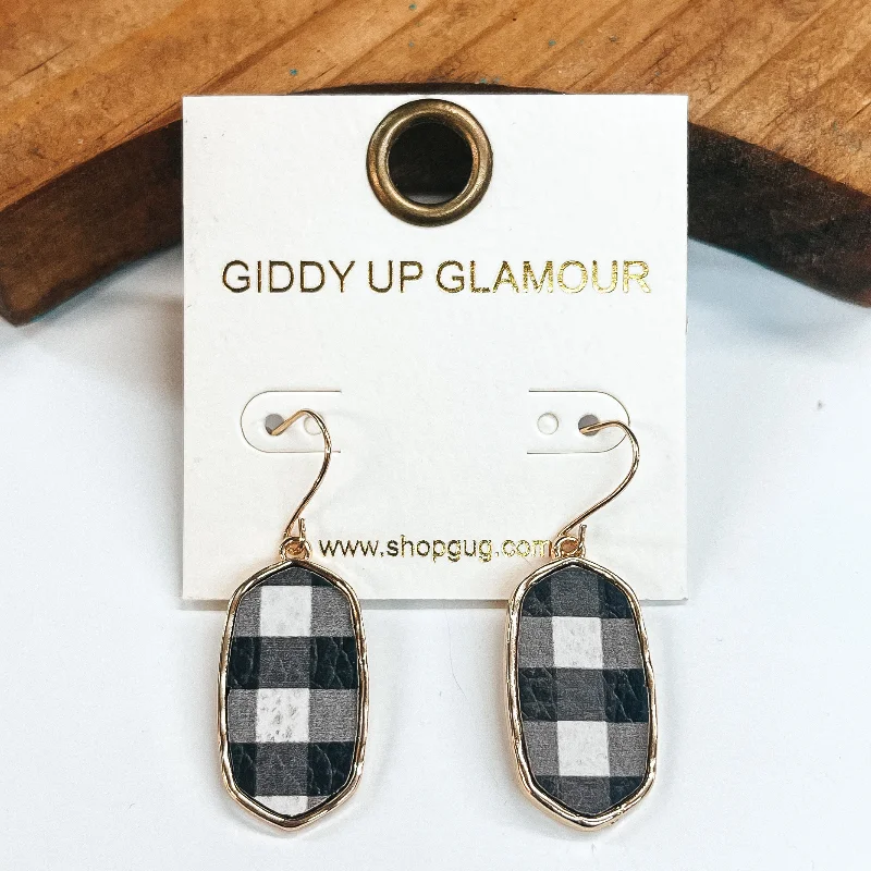 Women’s gemstone stud earrings-Rectangular Gold Drop Earrings in Black and White Buffalo Plaid