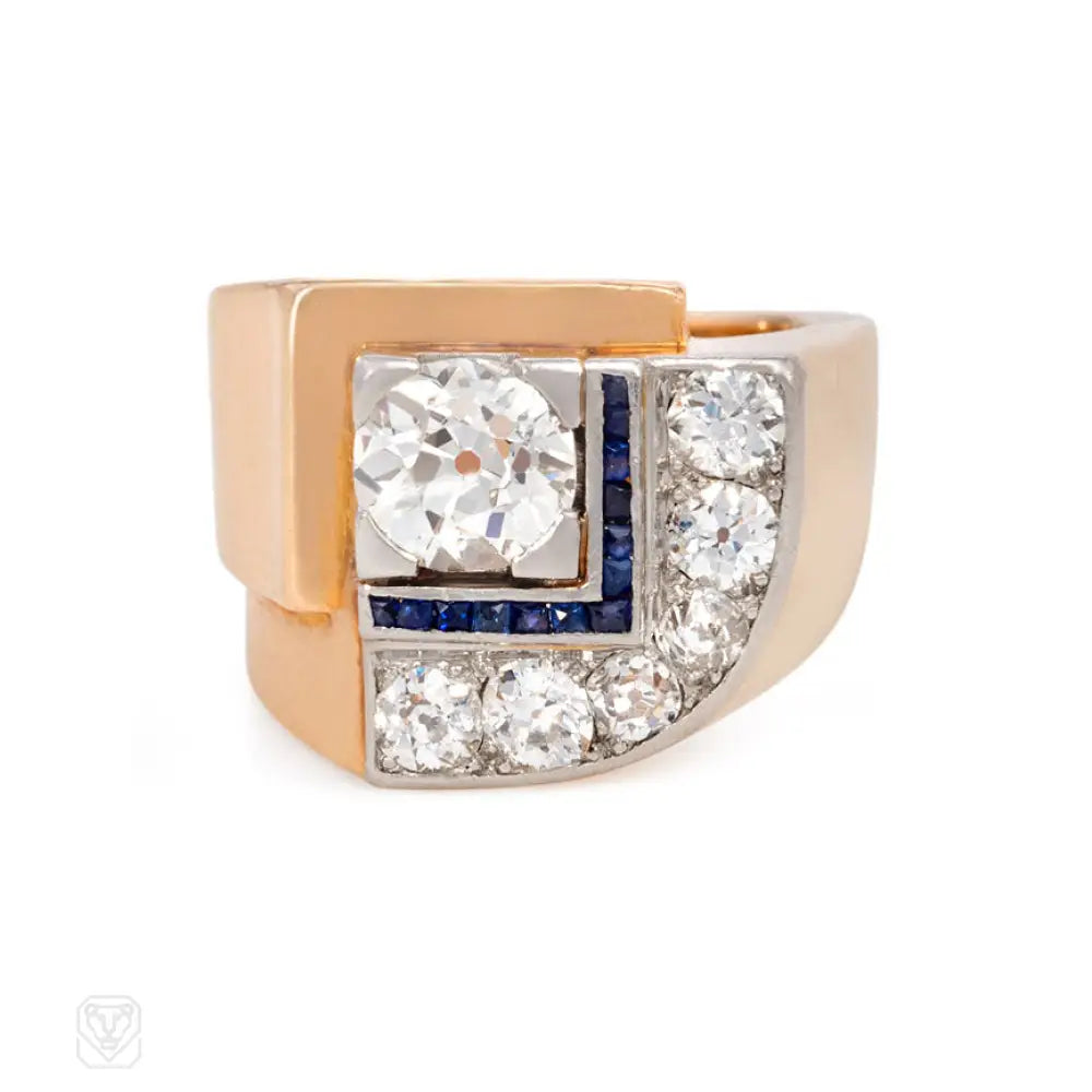 Women’s square diamond rings-Art Deco gold, diamond and calibré sapphire ring