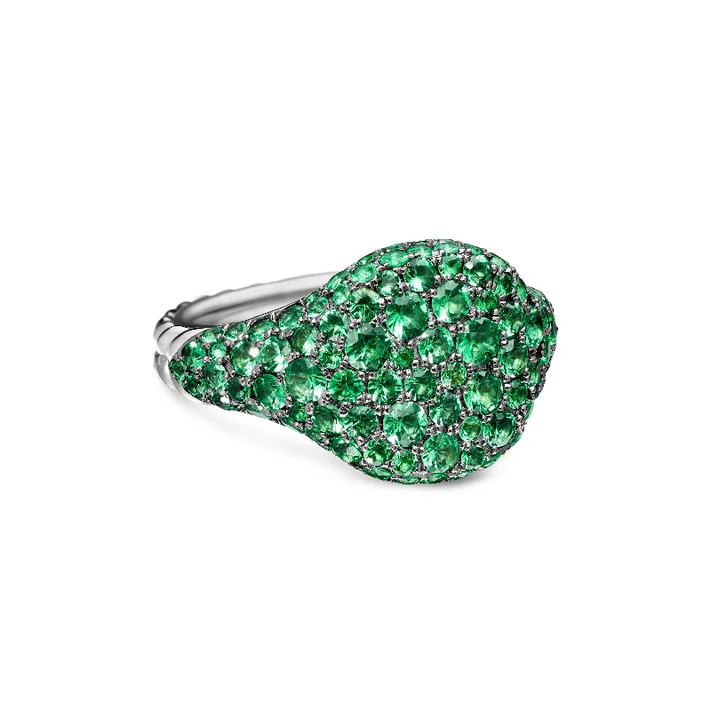 Women’s vintage rings-Chevron Pinky Ring in 18K White Gold with Pavé Emeralds\, 10mm