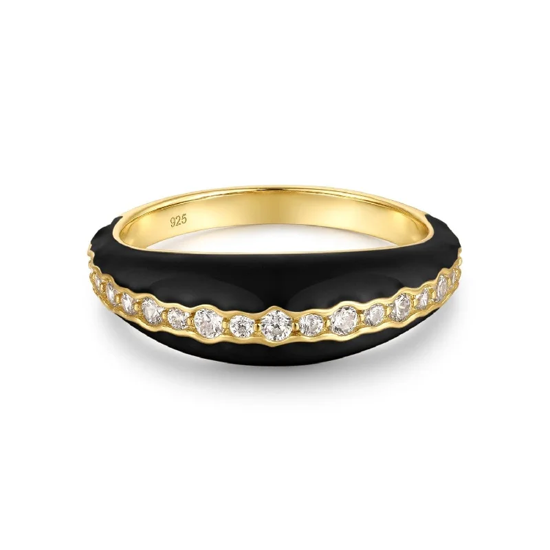 Women’s bold statement rings-Tapered Black Enamel & Cz Channel Ring