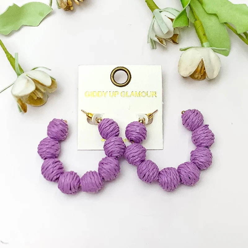 Women’s chandelier earrings-Sorbet Summer Raffia Ball Hoop Earrings in Lavender Purple